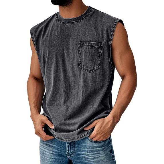 Lumtrix Men's Sleeveless Shirts Workout Distressed Tank Tops Muscle Summer Beach Casual Oversized Tee with Pocket Gray 4XL