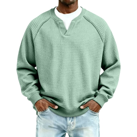 Lumtrix Men's V Neck Sweatshirt Casual Long Sleeve Waffle Sweatshirts Fashion Pullover Shirts Light Green L