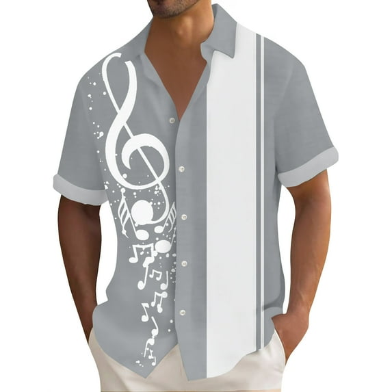Lumtrix Men's Vintage Bowling Shirt 1950s Retro Rockabilly Style Short Sleeve Button Down Music Hawaiian Shirts Gray 2XL