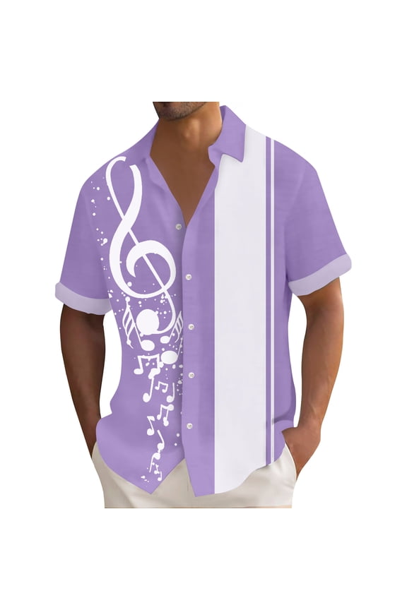 Men's Vintage Bowling Shirt 1950s Retro Rockabilly Style Short Sleeve Button Down Music Hawaiian Shirts Purple XL