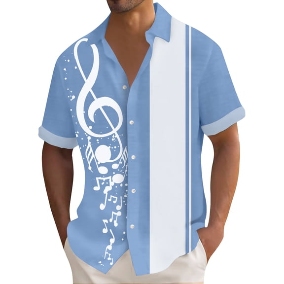Lumtrix Men's Vintage Bowling Shirt 1950s Retro Rockabilly Style Short Sleeve Button Down Music Hawaiian Shirts Sky Blue M