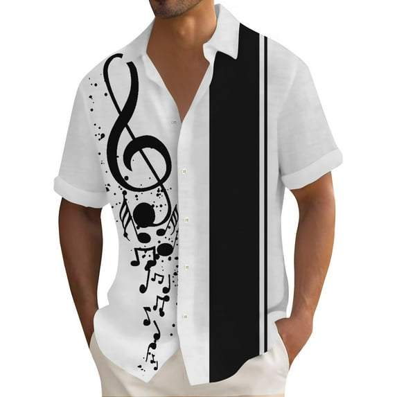 Lumtrix Men's Vintage Bowling Shirt 1950s Retro Rockabilly Style Short Sleeve Button Down Music Hawaiian Shirts White M