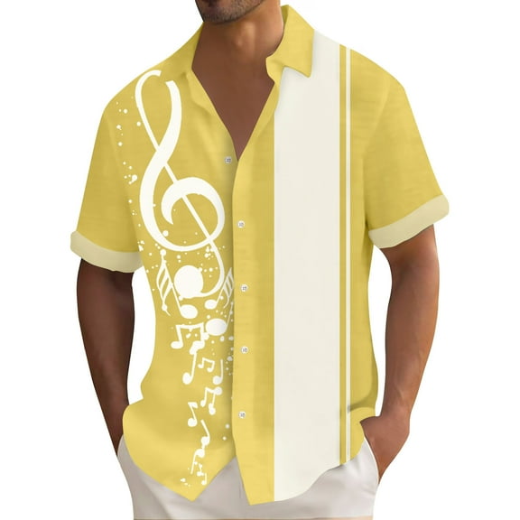 Lumtrix Men's Vintage Bowling Shirt 1950s Retro Rockabilly Style Short Sleeve Button Down Music Hawaiian Shirts Yellow M