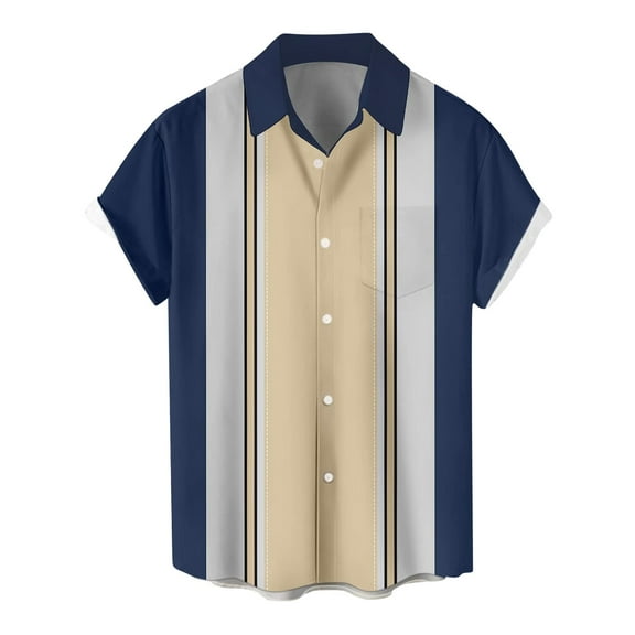 Lumtrix Men's Vintage Bowling Shirts 1950s Casual Short Sleeve Button Up Contrast Shirt Trendy Beach Summer Shirts with Pocket Beige L
