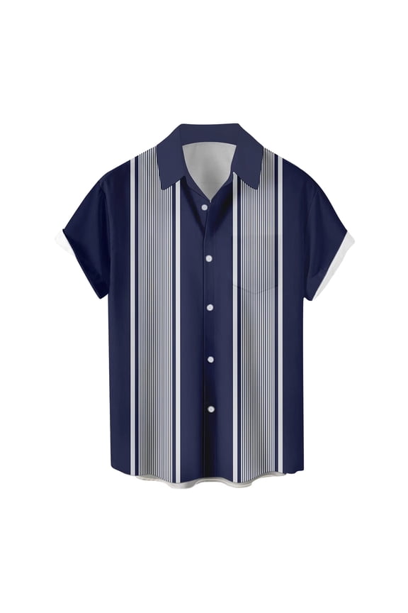 Men's Vintage Bowling Shirts 1950s Casual Short Sleeve Button Up Contrast Shirt Trendy Beach Summer Shirts with Pocket Blue XL