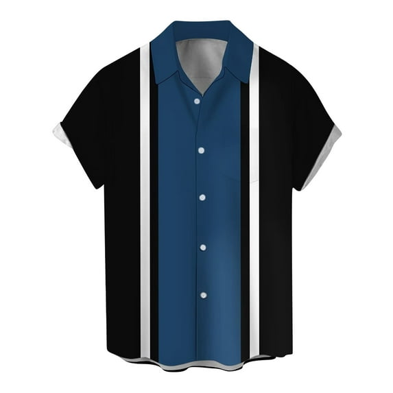 Lumtrix Men's Vintage Bowling Shirts 1950s Casual Short Sleeve Button Up Contrast Shirt Trendy Beach Summer Shirts with Pocket Dark Blue M