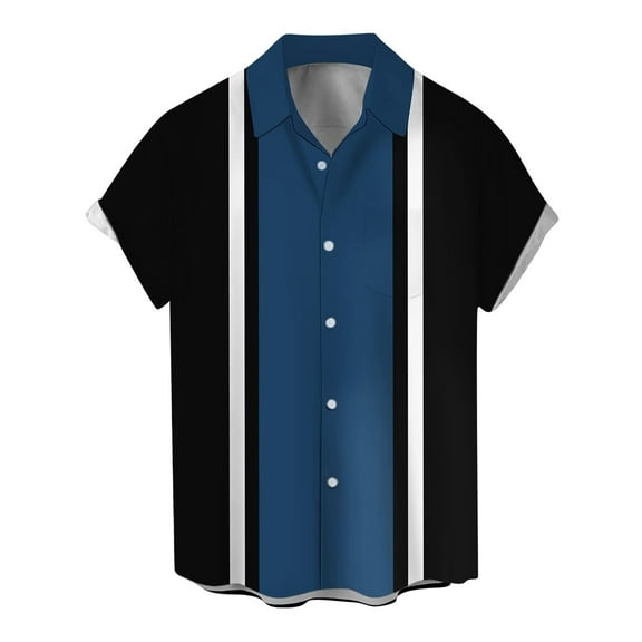 Lumtrix Men's Vintage Bowling Shirts 1950s Casual Short Sleeve Button Up Contrast Shirt Trendy Beach Summer Shirts with Pocket Dark Blue M