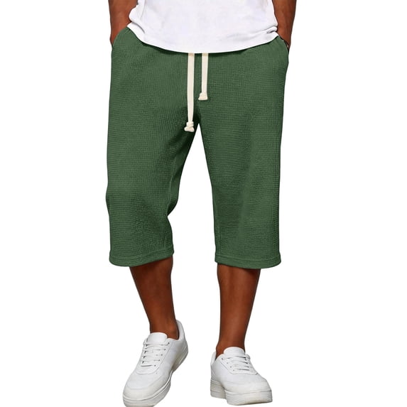 Lumtrix Men's Waffle Capri Pant Baggy Below Knee Summer Sweat Shorts Elastic Waist Athletic Casual Drawstring 3/4 Pants with Pockets Dark Green 2XL