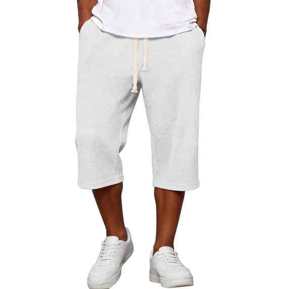 Lumtrix Men's Waffle Capri Pant Baggy Below Knee Summer Sweat Shorts Elastic Waist Athletic Casual Drawstring 3/4 Pants with Pockets White XL