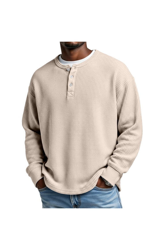 Men's Waffle Henley Shirts Crewneck Lightweight Top Long Sleeve Causal Button Down Pullover T Shirt Khaki 3XL