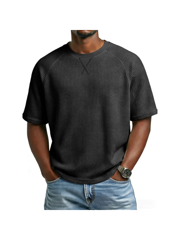 Men's Waffle T-Shirts Short Sleeve Casual Crew Neck Shirt Summer Big and Tall Plain Pullover Black XL