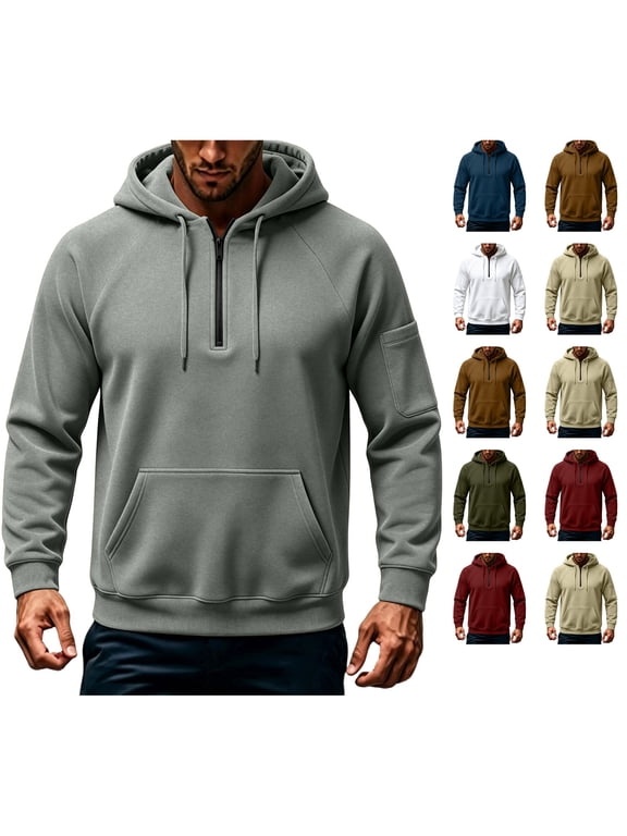 Mens 1/4 Zip Pullover Drawstring Workout Hoodies Drawstring Loose Fit Baggy Pullover For Winter Gym Plain Comfort Clothes Gray XL