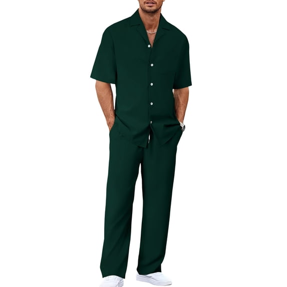 Lumtrix Mens 2 Piece Set Summer Beach Button Down Lapel Short Sleeve Shirt Long Loose Pant with Pockets Vacation Casual Outfit Dark Green M