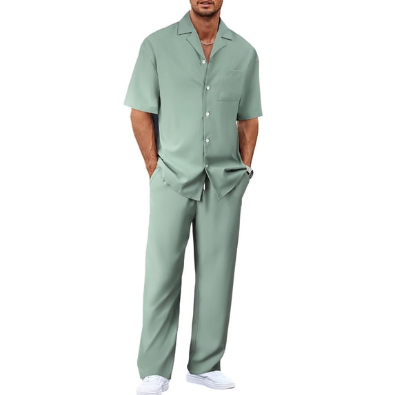 Lumtrix Mens 2 Piece Set Summer Beach Button Down Lapel Short Sleeve Shirt Long Loose Pant with Pockets Vacation Casual Outfit Light Green XL