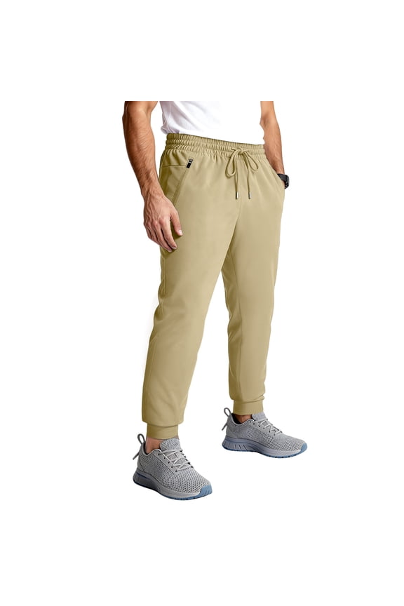 Mens Athletic Joggers with Zipper Pockets Lightweight Gym Sweatpants Ankle Strap Stretch Workout Track Pants Khaki 3XL