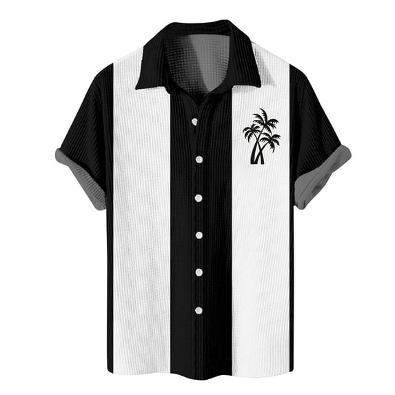 Lumtrix Mens Bowling Shirts Hawaiian Shirt Big and Tall Retro Button Up Vintage Guayabera Camp Shirt Printed Palmshadow Clothing Black L