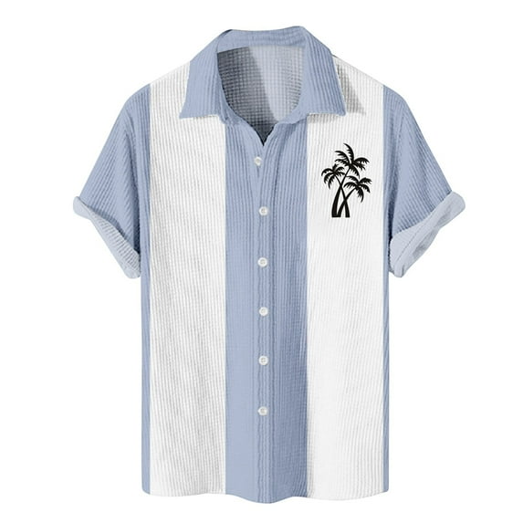 Lumtrix Mens Bowling Shirts Hawaiian Shirt Big and Tall Retro Button Up Vintage Guayabera Camp Shirt Printed Palmshadow Clothing Light Blue XL