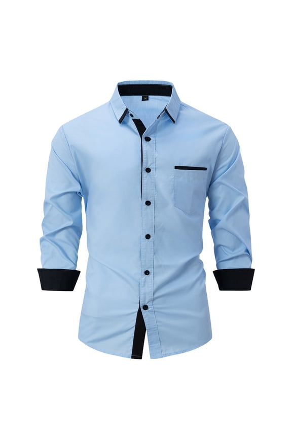 Mens Business Dress Shirts Long Sleeve Casual Button Down Shirt Formal Inner Collar Contrast Shirt for Men Wedding with Pocket Light Blue M