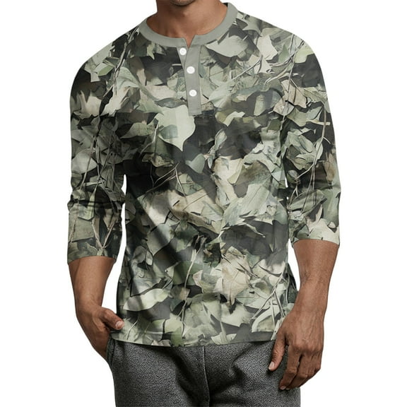 Lumtrix Mens Camo Henley Shirts 3/4 Sleeve Sleeve Button Down T-Shirt Summer Lightweight Print Tee Tops Light Gray 3XL
