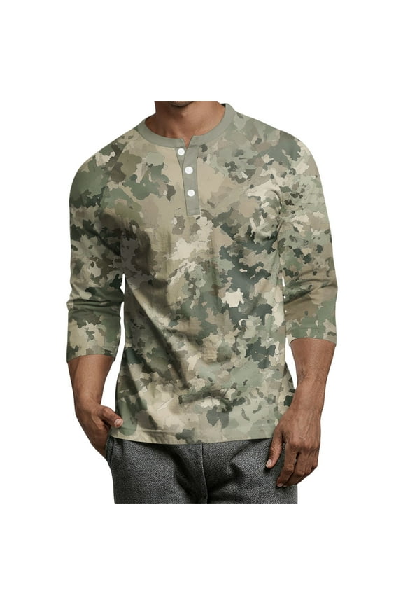 Men's Camouflage T-Shirt Sports Fitness 3/4 Sleeve Sleeve Military Camo Lightweight Henley Vintage Shirt Light Green 2XL