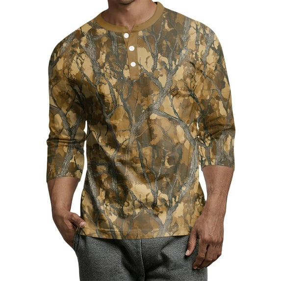 Lumtrix Mens Camouflage Henley Shirts 3/4 Sleeve Sleeve Camo Sport Summer Beach Casual Fitted Soft T-Shirt Camel 3XL