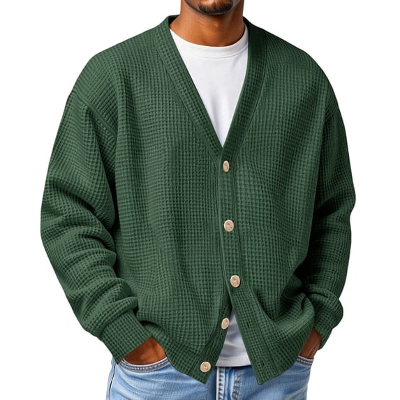 Lumtrix Mens Cardigan Sweater Textured Waffle Knit Long Sleeve Open Front Tops Lightweight Casual Button Down Cardigan Dark Green 3XL