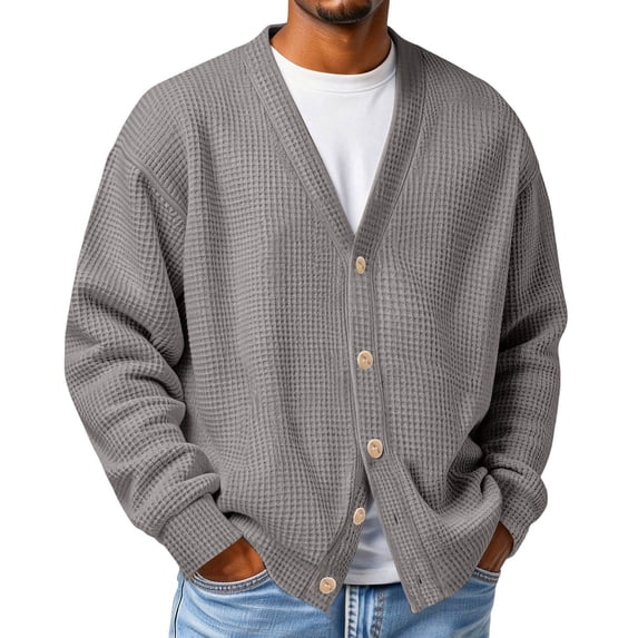 Lumtrix Mens Cardigan Sweater Textured Waffle Knit Long Sleeve Open Front Tops Lightweight Casual Button Down Cardigan Gray M