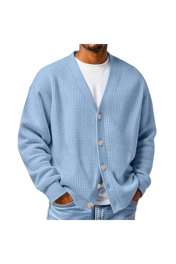 Mens Cardigan Sweater Waffle Knit Long Sleeve Cardigan Open Front Lightweight Casual Button Down Cardigan Loose V Neck Sweater Light Blue 5XL