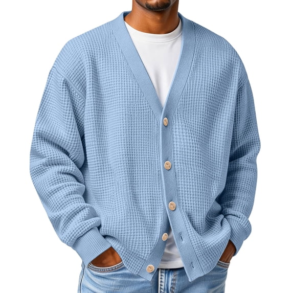 Lumtrix Mens Cardigan Sweater Waffle Knit Long Sleeve Cardigan Open Front Lightweight Casual Button Down Cardigan Loose V Neck Sweater Light Blue L