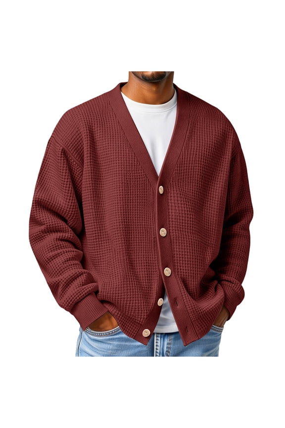 Mens Cardigan Sweater Waffle Knit Long Sleeve Cardigan Open Front Lightweight Casual Button Down Cardigan Loose V Neck Sweater Wine 2XL