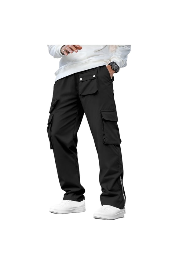 Mens Cargo Pants Casual Straight Leg Side Slit Elastic Waist Athletic Hiking Casual Sweatpants Multi Pockets Black M