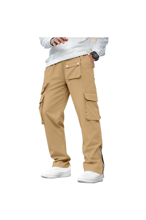 Mens Cargo Pants Casual Straight Leg Side Slit Elastic Waist Athletic Hiking Casual Sweatpants Multi Pockets Khaki L