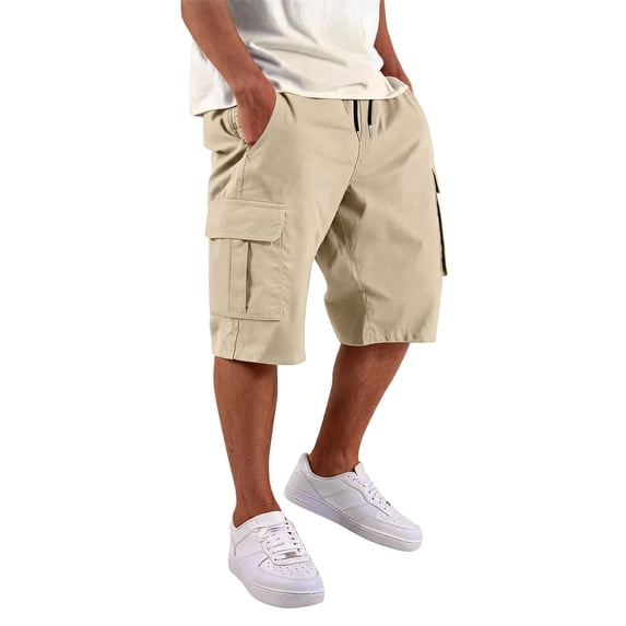Lumtrix Mens Cargo Shorts Drawstring Classic Chino Stretch 9" Inseam Short With Multi Pockets Bermuda Summer Hiking Short Khaki L