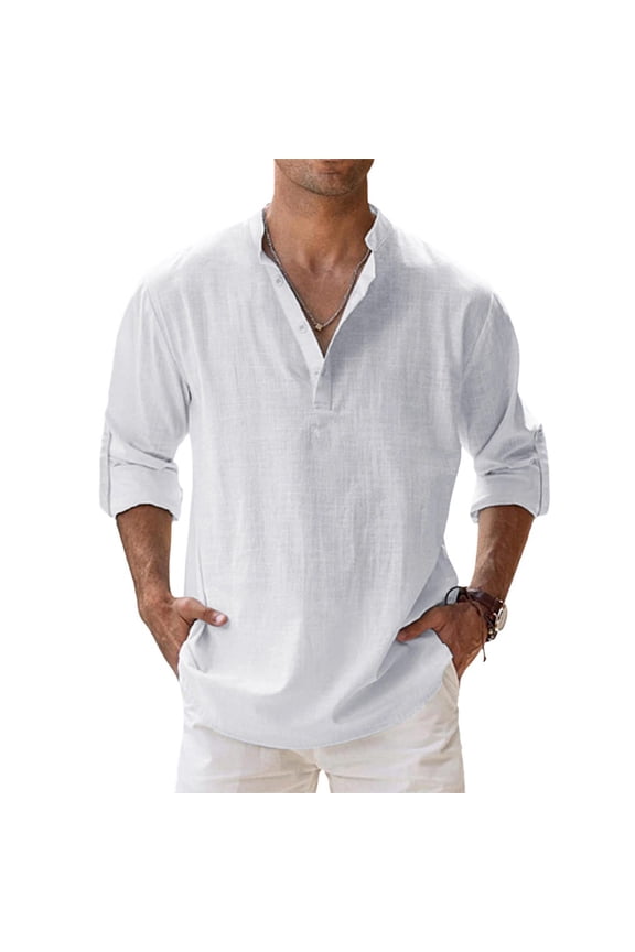 Mens Casual Henley Shirts Long Sleeve Stand Collar Cotton Linen Shirt Lightweight Summer Beach Tops White XL