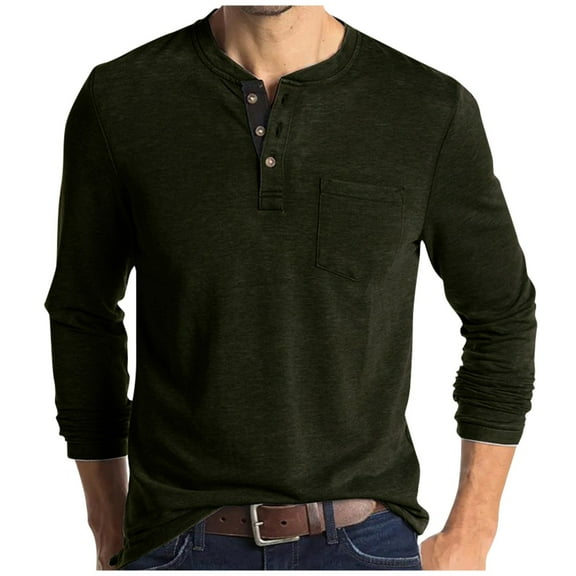 Lumtrix Mens Casual Short Sleeve Henley Shirts Fashion Button T Shirts with Pocket Long Sleeve Basic Plain Cotton Tee Shirts Army Green M