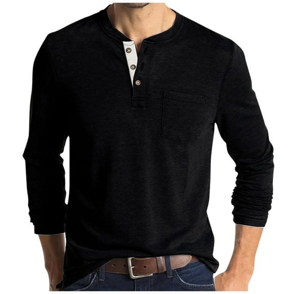 Lumtrix Mens Casual Short Sleeve Henley Shirts Fashion Button T Shirts with Pocket Long Sleeve Basic Plain Cotton Tee Shirts Black XL