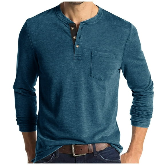 Lumtrix Mens Casual Short Sleeve Henley Shirts Fashion Button T Shirts with Pocket Long Sleeve Basic Plain Cotton Tee Shirts Blue XL