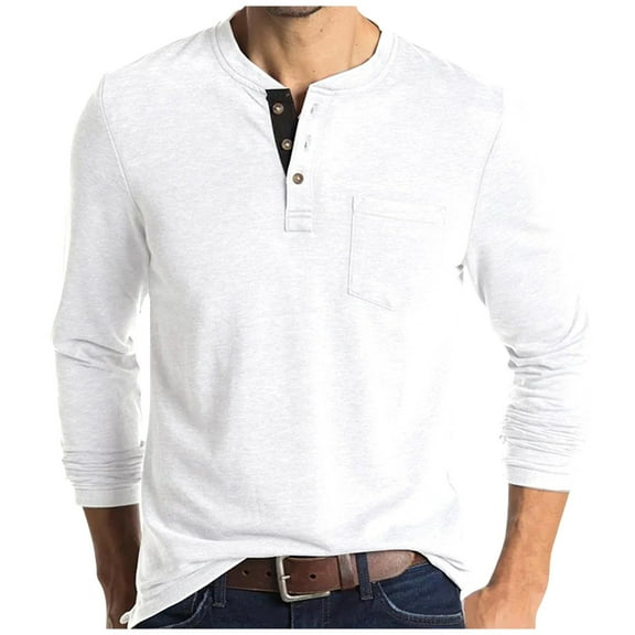Lumtrix Mens Casual Short Sleeve Henley Shirts Fashion Button T Shirts with Pocket Long Sleeve Basic Plain Cotton Tee Shirts White M