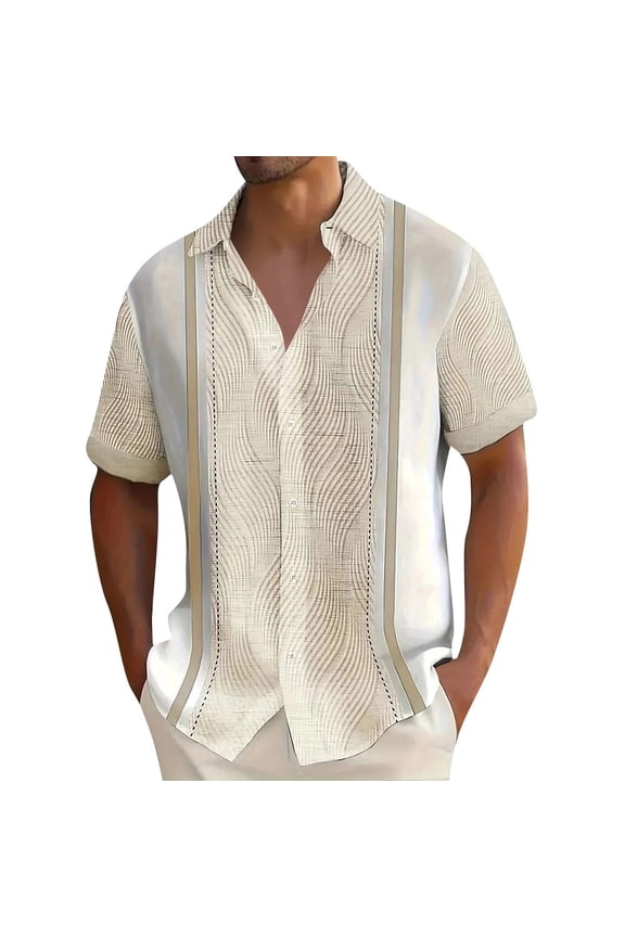 Mens Casual Summer Cotton Button Down Short Sleeve Shirts Cuban Camp Guayabera Beach Tops Beige M