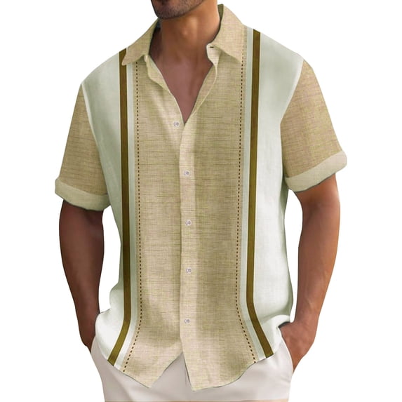 Lumtrix Mens Casual Summer Cotton Button Down Short Sleeve Shirts Cuban Camp Guayabera Beach Tops Khaki 2XL