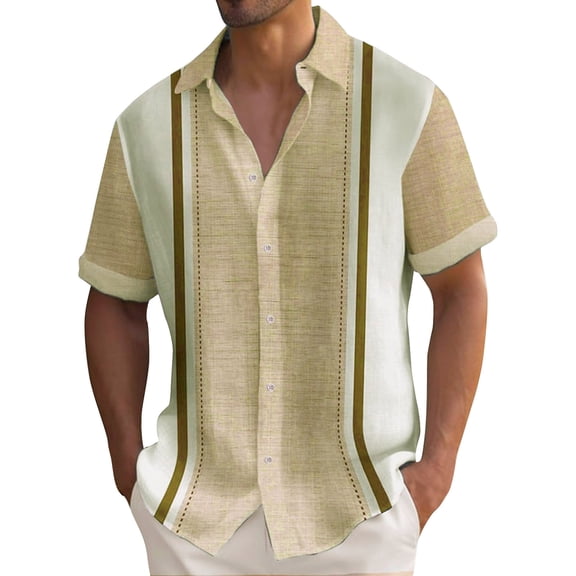Lumtrix Mens Casual Summer Cotton Button Down Short Sleeve Shirts Cuban Camp Guayabera Beach Tops Khaki L