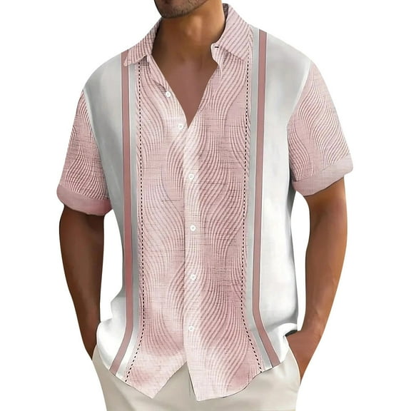 Lumtrix Mens Casual Summer Cotton Button Down Short Sleeve Shirts Cuban Camp Guayabera Beach Tops Pink L