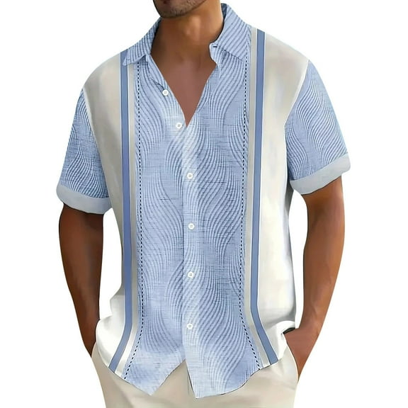 Lumtrix Mens Casual Summer Cotton Button Down Short Sleeve Shirts Cuban Camp Guayabera Beach Tops Sky Blue L