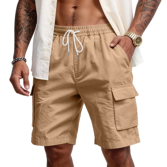 Lumtrix Mens Cotton Baggy Cargo Shorts Drawstring Stretch Elastic Waist Casual Work Short with Pockets Earthy Yellow L