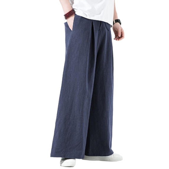 Lumtrix Mens Cotton Linen Pants Wide Leg Baggy Pants Elastic Waist Casual Summer Beach Palazzo Trousers with Pockets Navy 3XL