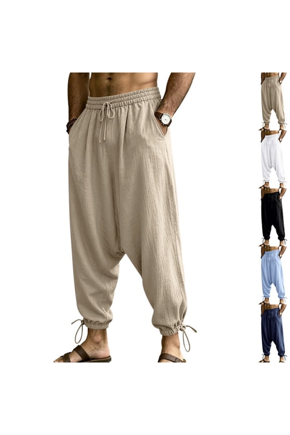 Mens Harem Pants Baggy Hippie Linen Yoga Beach Trouser Loose Boho Drop Crotch Pants with Pockets White 2XL