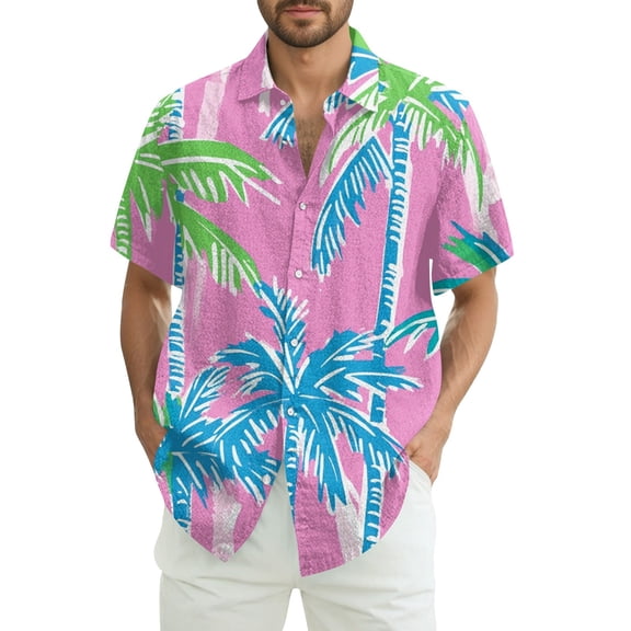 Lumtrix Mens Hawaiian Shirt Button Down Short Sleeve Beach Shirts Floral Tropical Print 2025 Summer Tshirt Lapel Collared Tops Pink 4XL