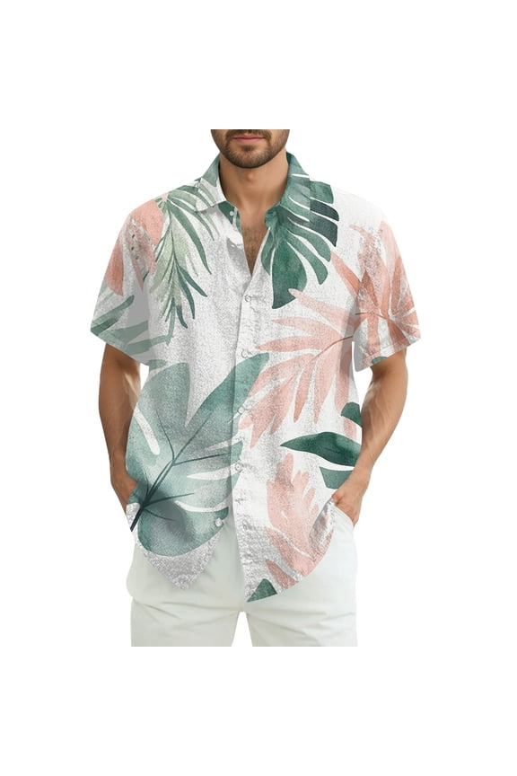 Mens Hawaiian Shirt Button Down Short Sleeve Beach Shirts Floral Tropical Print 2025 Summer Tshirt Lapel Collared Tops White S