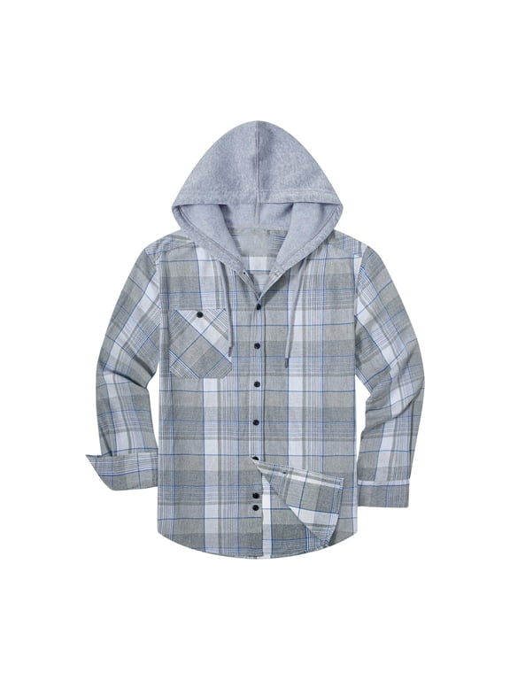 Mens Hooded Flannel Shirts Lightweight Long Sleeve Hoodie Shirt Casual Plaid Button Down Jackets with Pocket Light Gray XL
