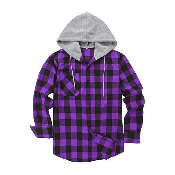 Lumtrix Mens Hooded Flannel Shirts Lightweight Long Sleeve Hoodie Shirt Casual Plaid Button Down Jackets with Pocket Purple M